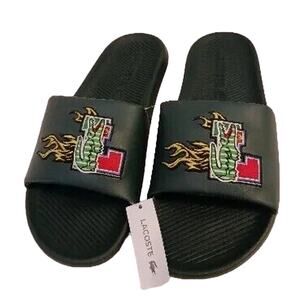 NEW w Tag Lacoste Croco Alligator Flame Slides Sz 12 Sandals Black Luxe Designer